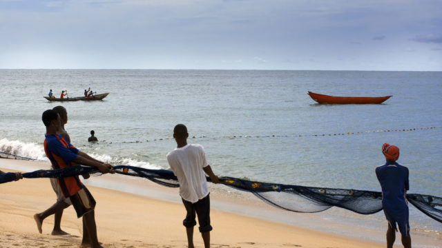 Fishermen pull a net from the ocean